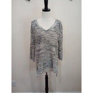 Michael Stars Marled Open Knit Cotton Blend Hi-Lo Hem V Neck Sweater - M/L